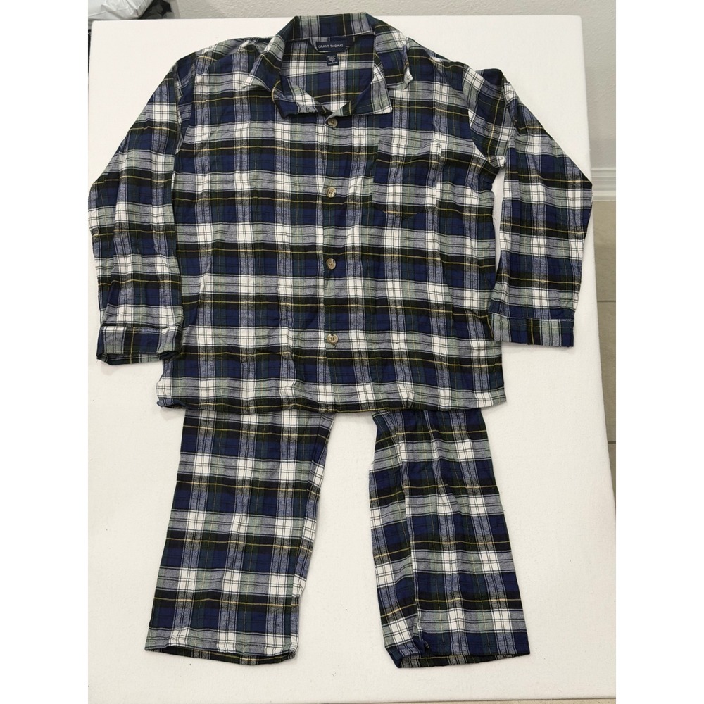 Grant Thomas Mens Flannel Pajama Set Blue Green Plaid Cotton Size L 2 Piece